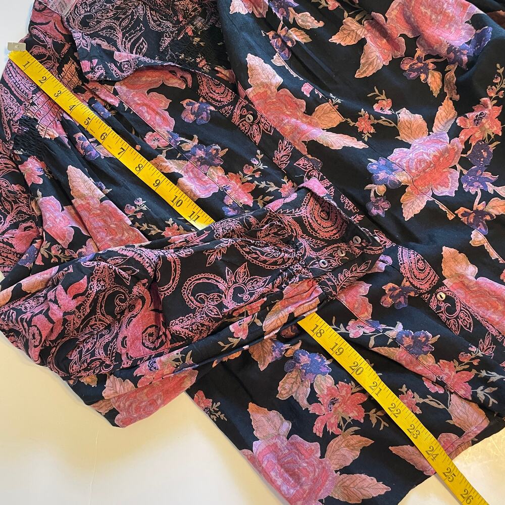 Free People Maraya Top Womens Size Large Black Combo Mixed Floral Puff Sleeves - Picture 10 of 11